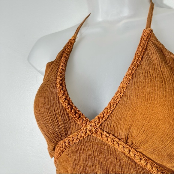 Earthbound Clothing Golden Orange Braided Tie Detail Open Back Halter Crop Top S - Picture 2 of 5